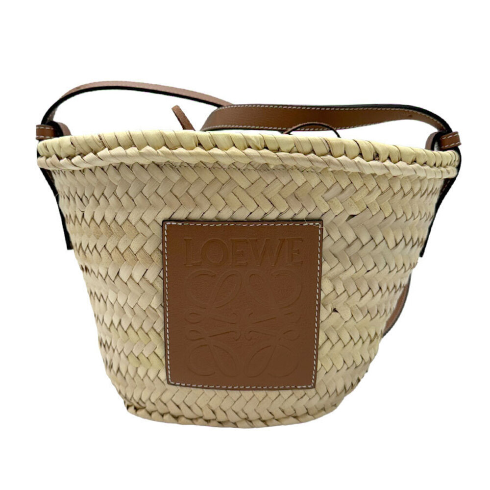 LOEWE Drawstring Bucket Bag Straw Leather Brown Natural